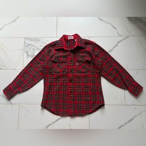 Vintage 1980s 80s Levi’s Plaid Wool Blend Flannel Button Down Shirt Size L Red